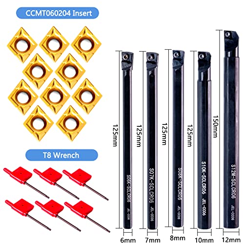 Carbide Lathe Tools -Lath Threading Bit Set 15pcs - 5pcs 1/4”~1/2" S06K/S07K/S08K/S10K/S12M-SCLCR06 Turning Holder Boring Bars / 10pcs Golden Inserts CCMT060204 - color: S06K/S07K/S08K/S10K/S12M-SCLCR06+10pcs inserts
