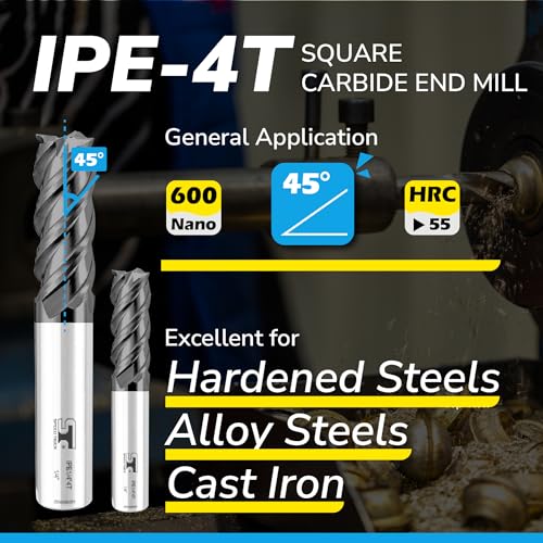 SPEED TIGER Micrograin Carbide Square 45° Helix End Mill - 4 Flute - IPE1/16 4T (5 Pieces, 1/16") - for Milling Alloy Steels, Hardened Steel, Metal & More – Mill Bits Sets for DIYers & Professionals - size: 1/16 in