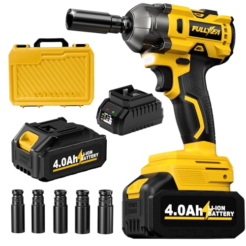 FULLYEA Cordless Impact Wrench 1/2, Max 550N. M/406Ft-lbs High Torque Brushless Impact Wrench, Power Impact Gun Kit with 21V 4.0Ah Battery & Fast Charger, Electric Impact Driver for Truck RV Home Car