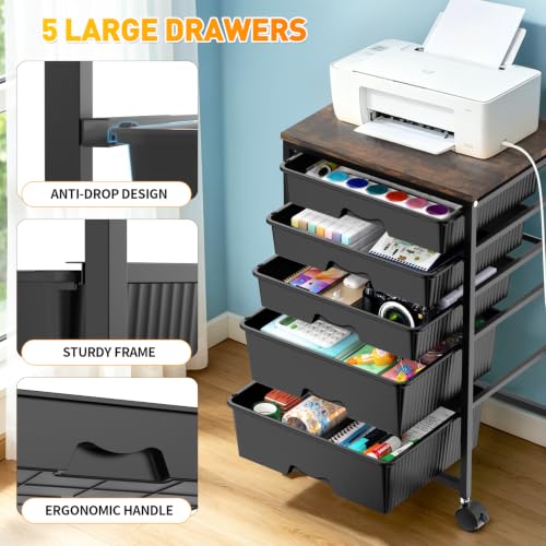SUNALLY Rolling Carts with 5 Drawers, Storage Drawer Carts for Craft, Black - color: Black