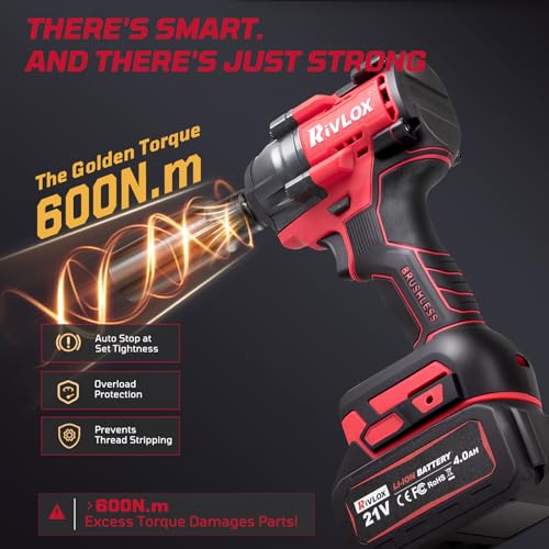 Cordless Impact Wrench1/2 Inch, 600N. M/450Ft-lbs Power Impact Gun Kit - color: Red-600n.m/450ft-lbs