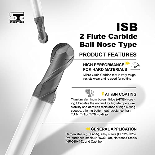 SPEED TIGER Micrograin Carbide Ball Nose End Mill - 2 Flute - ISB1/4 2T (5 Pieces, 1/4") - for Milling Alloy Steels, Hardened Steel, Metal – Mill Bits Sets for DIYers & Professionals - size: 1/4 in