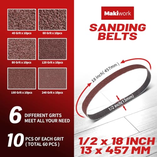 1/2 x 18 Inch 13 x 457 mm Sanding Belts Set - 60-Pack with 40/60/80/120/150/240 Grits, Aluminum Oxide Abrasive Belts for Woodworking - size: 1/2 x 18(60pcs)