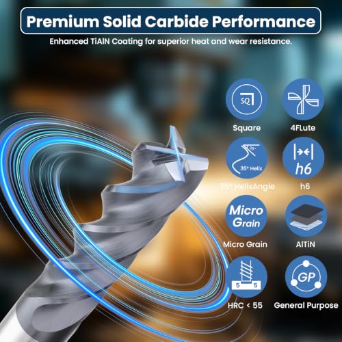 LU&MN Carbide Square End Mill, 4 Flute, 3/16", 5 Piece - size: 3/16 in