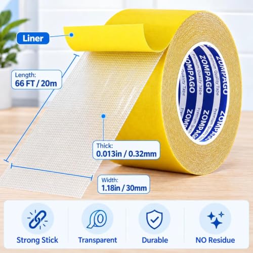 ZOMPAGO Clear Grid Mesh Heavy Duty Double-Sided Mounting Tape,1.18inx66FT - size: 1.18inx66ft