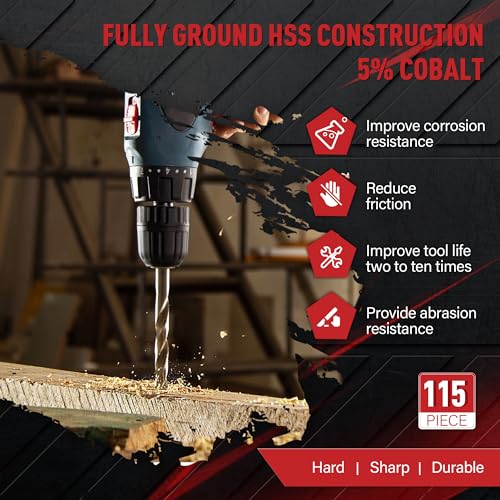 115Pcs Cobalt Drill Bits Set M35 HSS Jobber Length - size: 115PCS Cobalt Drill Bit