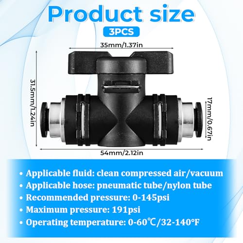 3 PCS 1/4 Push to Connect Valve Pneumatic Union Ball Valve, 1/4" OD Push to Connect Fittings Air Valves Control Quick Connects Air Hose Fittings Pneumatic Ball Valves Airs Line Fitting