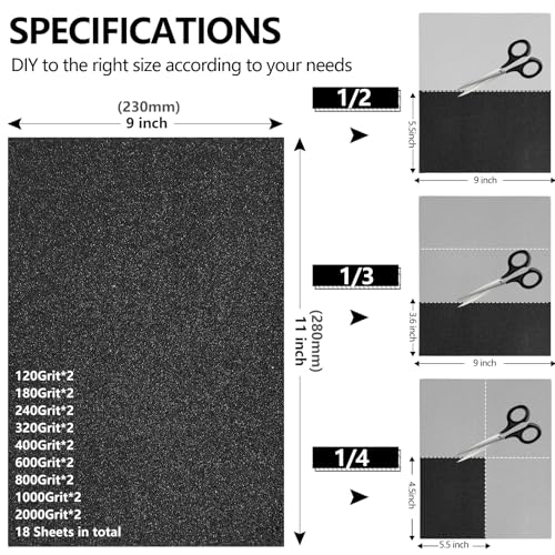 18-Sheet 9 x 11 Inch Sandpaper Assortment, Wet Dry Sand Paper - size: 9 x 11 Inch, style: Mix Grit-18sheets