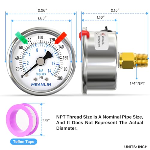 MEANLIN MEASURE 0~200Psi Dry Pressure Gauge Stainless Steel 1/4" NPT 2" FACE DIAL Waterproof for Air Compressor Air Regulator Water Filter Center Back Mount (with 2PCS Snaps) - size: 0-200Psi