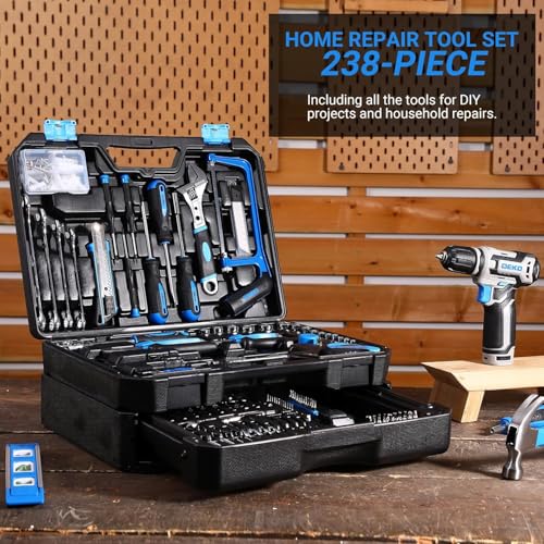 Tool Set: Tool Kit with 12V Cordless Drill, Hand Toolbox with storage case, Mechanic Tool set for Home Repairs, Blue - color: Blue