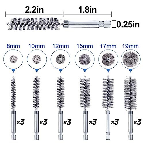 PAMASE 18pcs Wire Bore Brush Set, with 1/4" Hex Shank for Power Drill