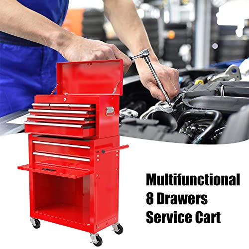 Red 8-Drawer Heavy Duty Tool Chest with Ball Bearing Drawers, Central Locking & 4 Wheels (2 Brakes) - Rolling Garage Storage Cabinet - color: Red, size: 24.2 x 13 x 42.8