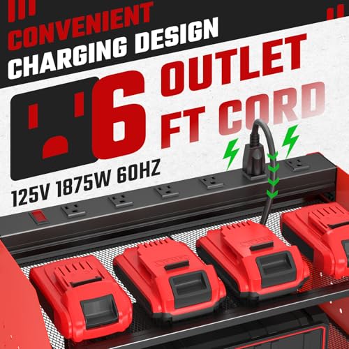Power Tool Organizer Wall Mount 3 Layer Charging Station with 6 Outlets - color: Red