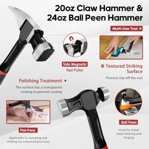 4-Pc Hammer Set: 2LB Dead Blow, 24oz Ball Peen, 20oz Claw & 3LB Sledge