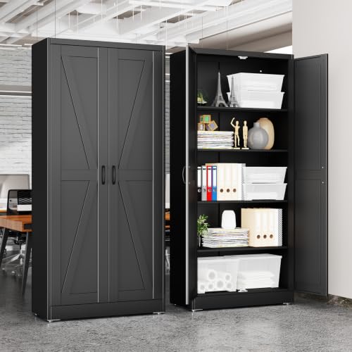 erosoei 71" H Metal Garage Storage Cabinet, Black Metal Pantry Cabinet with 2 Doors, Locker Steel Cabinet with 4 Adjustable Shelves, Freestanding Cupboard for Garage,Office,Home,Gym,School. - color: Black, size: 71" NCasNLck-M