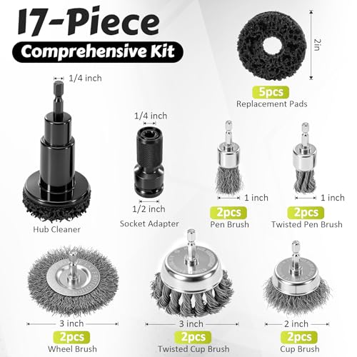 ACOCO 17pcs Wheel Hub Cleaning Tool and Wire Brush Set, 1/4" Hex Shank - color: 17pcs