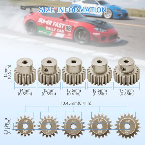 32P Pinion Gear Sets 16T 17T 18T 19T 20T for Shaft 3.175 RC Motor Compatible with HPI Kyosho Losi Axial Tamiya 1/10 RC Car Monster Truck Upgrade Parts (7075 Aluminum) - size: 16T 17T 18T 19T 20T