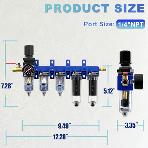 1/4" NPT 5 Stage Air Dryer System,Air Dryer for Compressor,Brass & Fiber Filter &Desiccant Dryer,Double Carbon Fiber Deodorizing Filter Cartridge,Semi-Auto Drain, Metal Bracket-Blue - style: 5 Stage(3 Filter)
