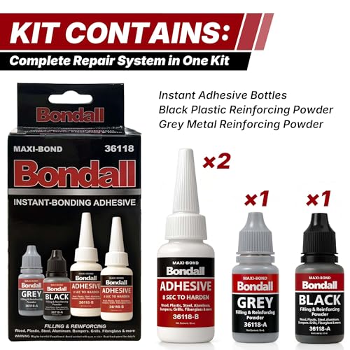 BONDALL Instant Bonding Adhesive Repair Kit, 4PC Set with (2) Super Glue Bottles, Plastic & Metal Reinforcing Powders (Black & Grey), Strong Waterproof Adhesive. (BONDALL - 1 Pack) 36118