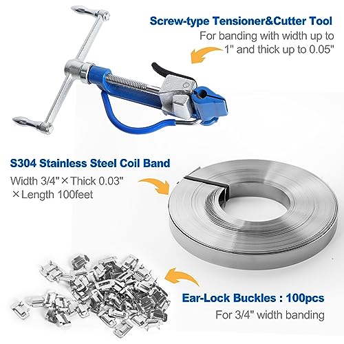 Steel Banding Strapping Kit - Banding Tool Strapping Tool Screw Spiral Tensioner, 3/4"x100Ft S304 Stainless Coil, 100pcs Ear-Lock Buckles, Silver