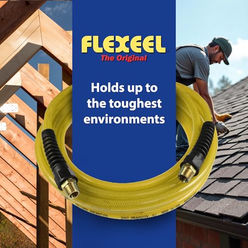 Coilhose Pneumatics PFE40504TY Flexeel Reinforced Polyurethane Air Hose, 1/4-Inch ID, 50-Foot Length with (2) 1/4-Inch MPT Reusable Strain Relief Fittings, Transparent Yellow - color: Transparent Yellow, size: 1/4" X 50 Feet, 1/4" FTG