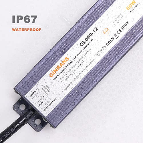 60W IP67 Waterproof Constant Voltage LED Driver Power Supply Transformer, 100-240V AC Universal Input with Plug, Output 12V DC 5A Max. for Outdoor LED Lighting - style: 12V060W