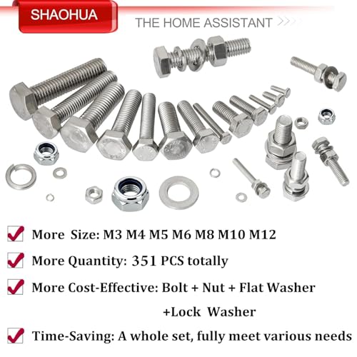 M3/M4/M5/M6/M8/M10/M12 Metric Bolt Assortment Kit, 304 Stainless Steel Heavy Duty Flat Hex Head Screws Bolts and Nuts Kit, Nuts Flat Gasket and Lock Washers Assortment Ki, Silver, 351Pcs - color: Silver - 351PCS M3 M4 M5 M6 M8 M10 M12