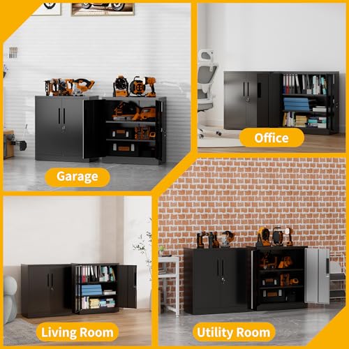 Metal Storage Cabinet, 35" Garage Storage Cabinet with 2 Adjustable Shelves & Lockable Doors, Black Garage Cabinets for Office, Home, Garage, Gym, School - size: 35" H x 15.8" D x 32" W