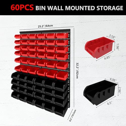 60Pcs Plastic Wall Mounted Storage Bins Parts Rack Nuts And Bolt Bins Organizer For Shop Garage for Screws, Nuts, Bolts, Nails, Beads, and Small Hardware Parts(RED+BLACK, 60) - color: Red+Black, size: 60