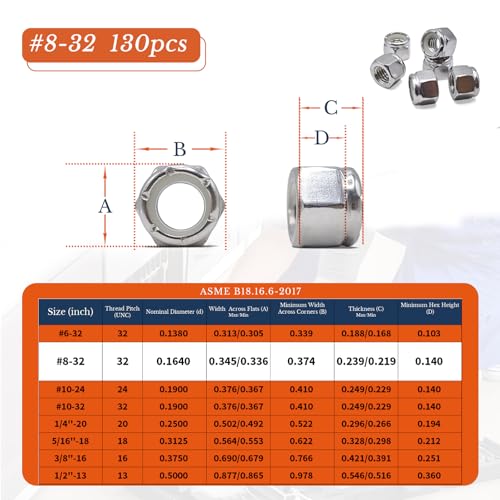 #8-32 Nylon Insert Lock Nuts 130pcs SAE 304 Stainless Steel Nylon Locknuts Hex Lock Nuts Reusable Anti-Loose Corrosion-Resistant for DIY Home Automotive Industrial - size: 8#32 130pcs