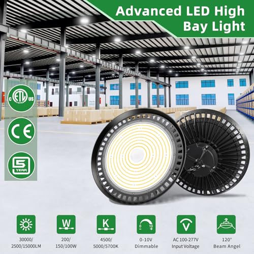 3 Pack UFO LED High Bay Light 200W 150W 100W Adjustable, 3 Color Brightness Adjustable, 0-10V Dimmable, ETL Listed IP65 Waterproof Commercial Bay Lighting for Shop Warehouse, AC100-277V - size: 11.02inch-200W