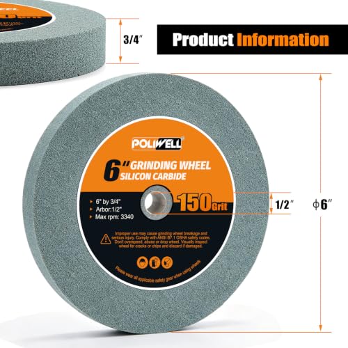 6" Bench Grinder Wheel 150 Grit & Wire Wheel Brush with 1/2" Arbor - size: 150 Grit