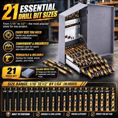 Stark USA 21-Piece HSS Drill Bit Set, Black & Gold High Speed Steel Drill Bits with 135° Split Point, Heavy Duty Industrial Twist Bits, 1/16"–1/2", Indexed Storage Case - size: 21 PCS Set Heavy Duty