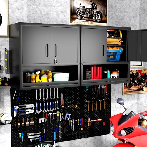 Wall Mounted Metal Storage Cabinet, Garage Hanging Tool Cabinet - color: Black, size: S - 2 Doors & Open Storage (Wall)