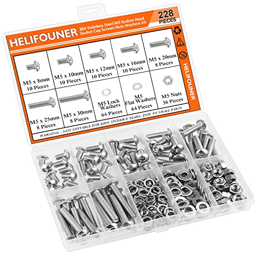 HELIFOUNER 228 Pieces M5 x 8mm /10mm /12mm /16mm /20mm /25mm /30mm, Button Head Socket Cap Screws Bolts Washers Nuts Kit, 304 Stainless Steel - size: M5, style: Button Head Screws