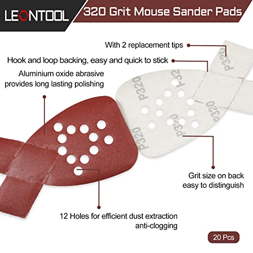 20 Pcs Mouse Detail Sander Sandpaper 320 Grit 12 Hole Mouse Sander Pads with 2 Extra Tips for Replacement Hook and Loop Sandpaper Triangle Sanding Sheets Aluminum Oxide Sanding Pads - style: 320 Grit