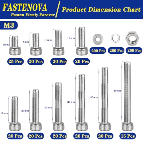 800Pcs M3 Screw Assortment Kit, M3 Screws (10 Sizes 6-40mm) for 3D Printer DIY, Hex Socket Head Cap Screws Bolts Nuts Washer Kit, 304 Stainless Steel, 6/8/10/12/16/20/25/30/35/40mm - size: M3x6/8/10/12/16/20/25/30/35/40mm, style: Socket Head
