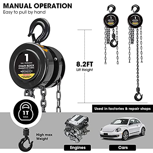 Torin ATR9010B Manual Hand Lift Steel Chain Block Hoist with 2 Heavy Duty Hooks, 1 Ton (2,000 lb) Capacity,8ft/2.5m Black - size: 1 Ton (2,000 lb)