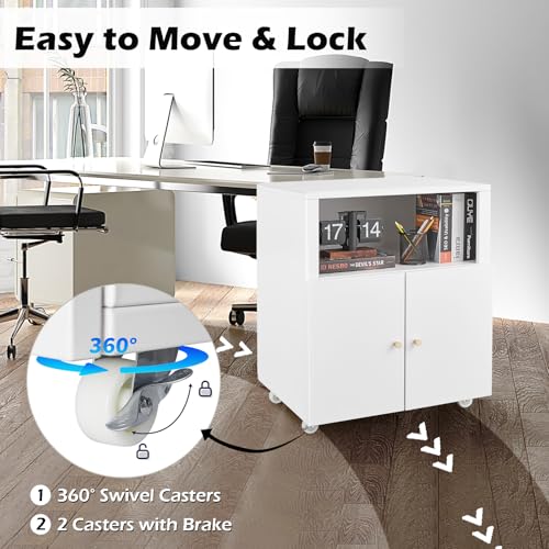 Large Metal Printer Stand Cabinet with Storage and Wheels, White - color: White