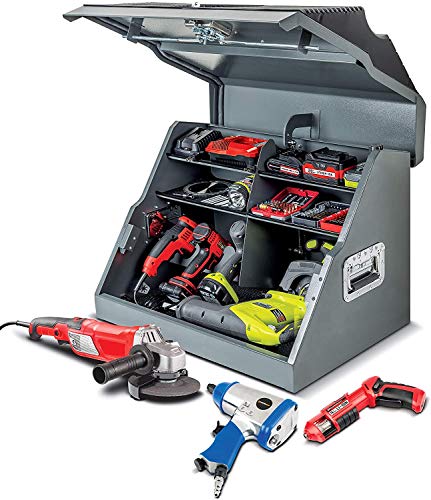Powerbuilt 26 In. Portable Slant Front Power Tool Locker Toolbox with Power Drill Slots, Storage Compartments, 16 Ga. Steel, Chrome Hardware, Weather-Resistant Locking Polymer Lid, Gas Struts, 941805E - style: Power Tool
