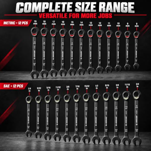 ironcube 24-Piece Ratcheting Wrench Set: Metric & SAE - 8mm to 19mm & 1/4" to 3/4" - 72 tooth - Chrome Vanadium Steel - Tough Balck - with Organizer - size: 24 Piece SAE&METRIC