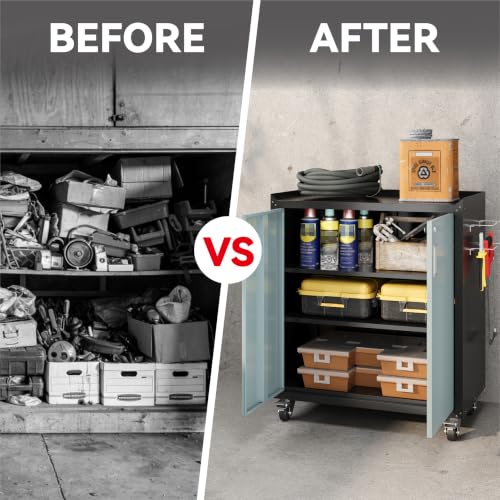 COFaR Gray & Black Metal Garage Cabinet with Wheels, Lockable 2-Door - color: Gray & Black, size: 35"h Without Drawer