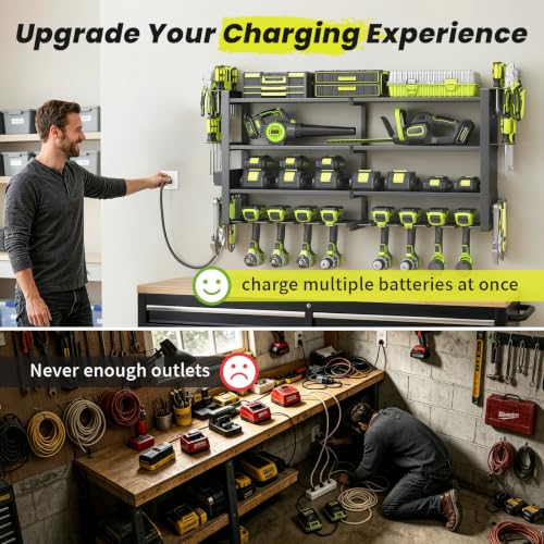 Power Tool Organizer Wall Mount with Charging Station, 8 Drill Holders - size: 32.8" Width 4-Tier