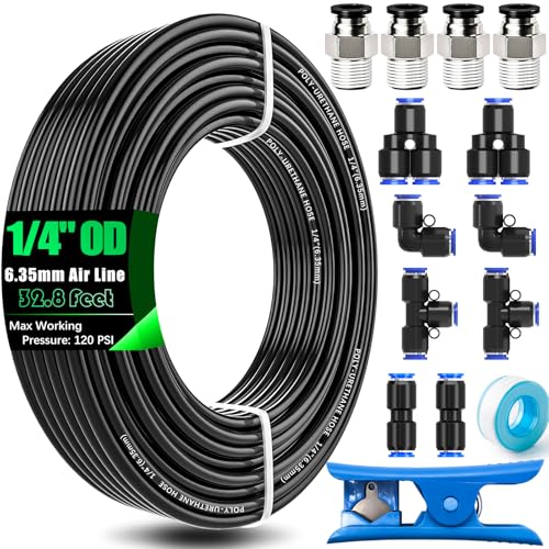 mxuteuk 1/4" Air Line Tubing Kit,1/4" Air Hose Kit,1/4 Inch(6.35mm) OD x 32.8 Feet PU Tube with Push to Connect Fittings(15PCS) - color: 1/4" Kit