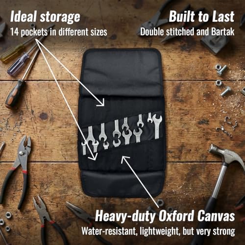 Under NY Sky Tool Roll, 14 Pocket Portable Oxford Canvas Wrench Bag, Black - size: 14 Slots Black
