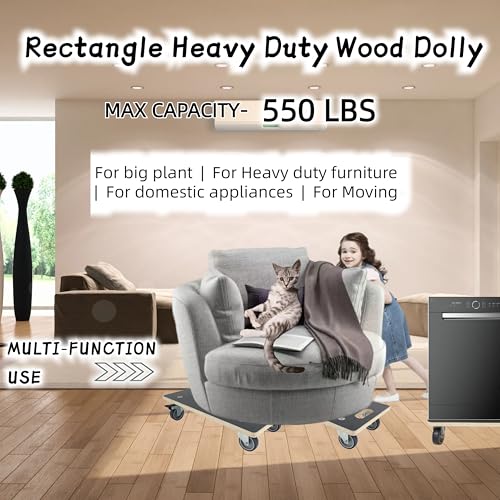 Furniture Dolly 4 Wheels, Furniture Movers, 2 Packs 2200 lb Load Capacity Heavy Duty Wood Dolly, Multifunctional Moving Dolly with 4 Soft Rubber Silent Wheels (2 with Brake+ 2 Without) - size: Rectangle Furniture Dolly with TPR Brake Wheels