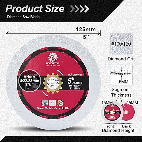FOCSTOL Diamond Glass Cutting Disc - 3pcs 5''(125mm) Diamond Saw Blade for Glass Jade Crystal Wine Bottle for Angle Grinder Arbor 7/8'' x 5/8'' - size: 5''(125mm)