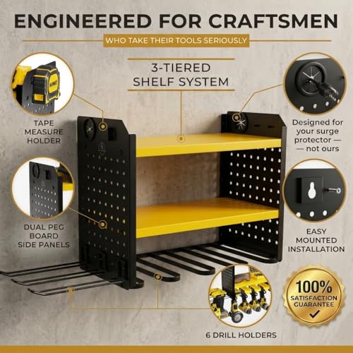 BUILTSTRONG Power Tool Organizer Wall Mount – 3-Tier Heavy-Duty Steel Rack, 6 Drill Slots, Dual Pegboard Sides, Side-by-Side Modular, 100 lb Capacity – Garage & Workshop (Yellow) - color: Yellow, size: 6 Drill Holder