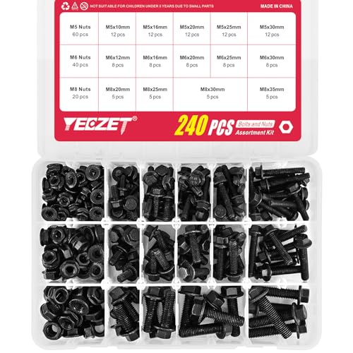 Flanged Hex Bolts and Nuts Assortment Kit, Black Alloy Steel Grade 10.9, 240 Pieces, M5 M6 M8 Metric Sizes, Black Oxide Finish - color: 240PCS M5 M6 M8 Bolts and Nuts Kit