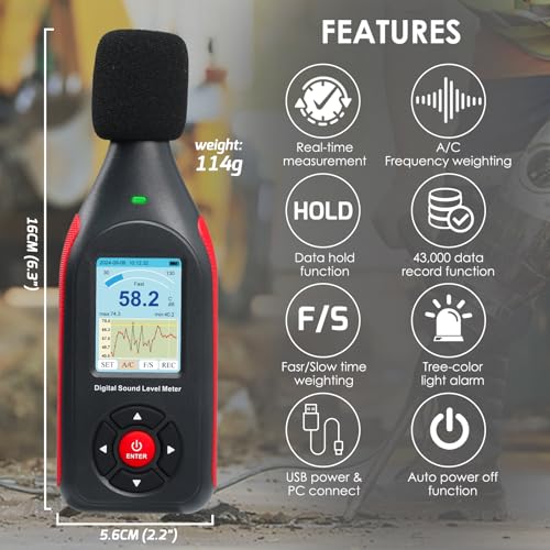 Decibel Meter Data Logger Digital Sound Decibel Meter, Sound Level Meter with 43,000 Data Record & Export, Rechargeable Noise Meter with A/C Frequency&DC Output, 3-Color Alarm, Real Time Measurement